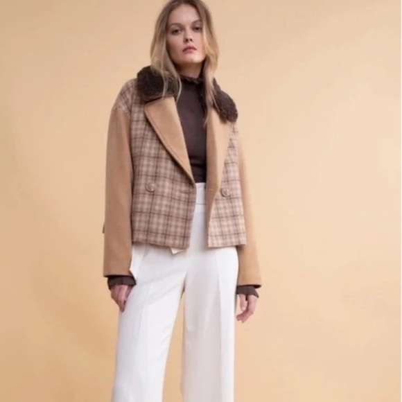 Rachel Parcell Double Breasted Tan Iced Coffee Plaid Jacket Wool Blend Size XS - Picture 10 of 11